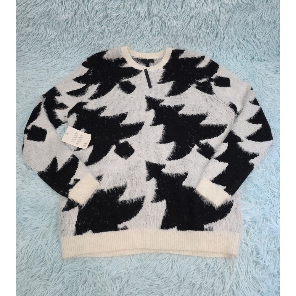 ASOS DESIGN Black White Tree Shaggy Fluffy Knit Sweater L Cozy Holiday Jumper
